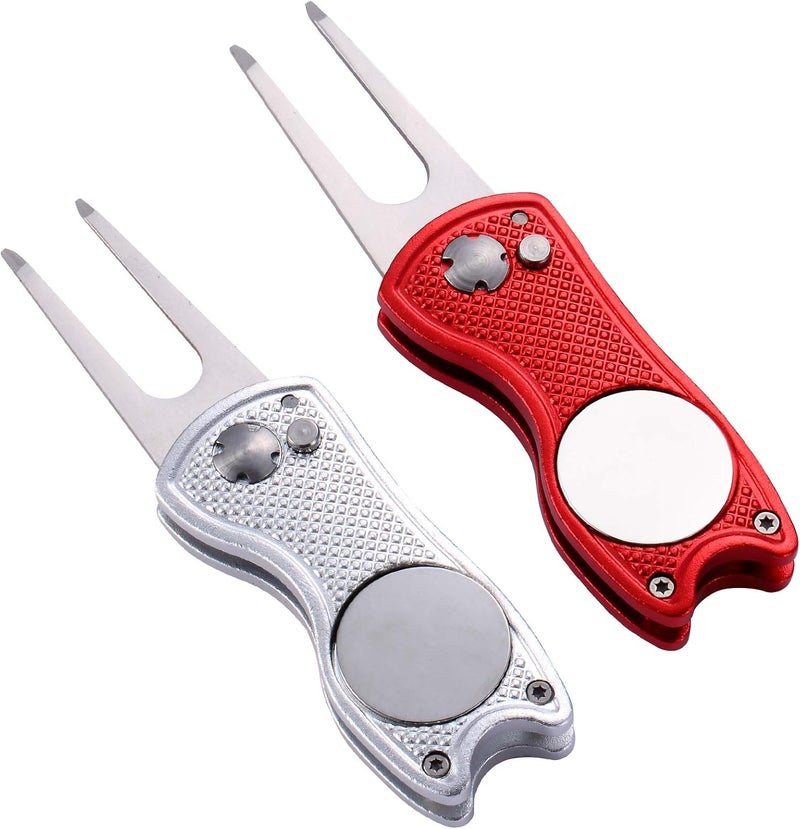 Fpxnb 2 Pack Metal Foldable Golf Divot Tool with Pop-up Button & Magnetic Ball Marker (Pack of 2, Fish Design) - Image 1